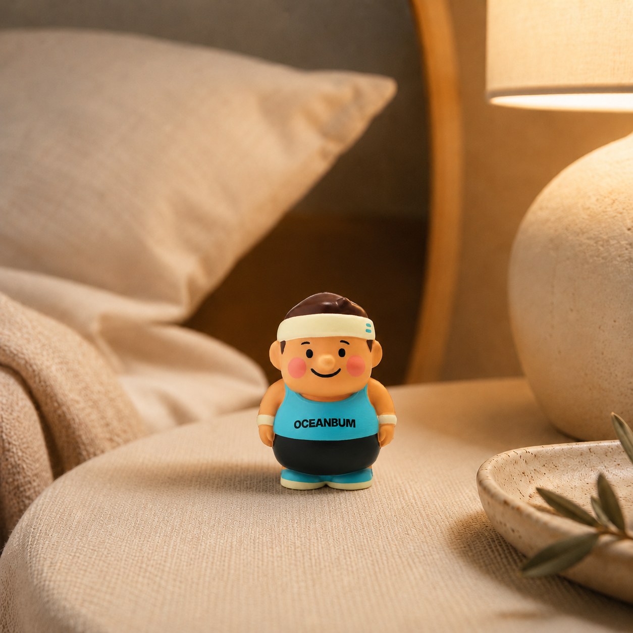 Oceanbum Puffbum placed in a warm calm interior beside a lamp